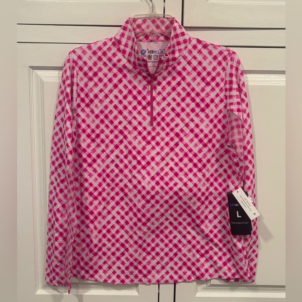 NWT IBKUL Pink Plaid Gingham Check Hot Long Sleeve Mock Neck Quarter-Zip Top